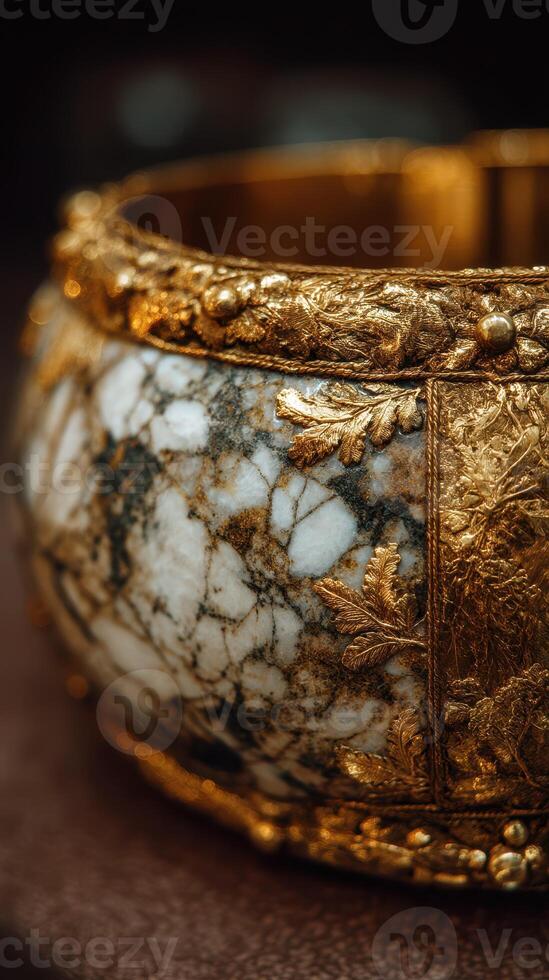 Intricate golden and marble bowl showcasing craftsmanship in a close-up view at an art exhibition photo