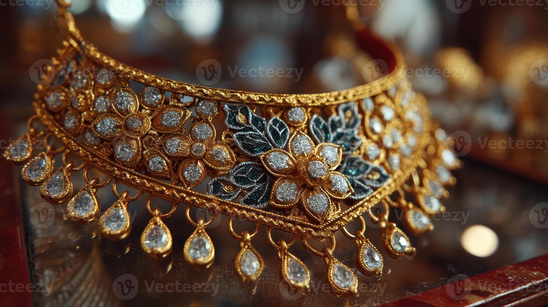 Intricate gold necklace showcasing detailed floral design and sparkling stones in a jewelry shop setting photo
