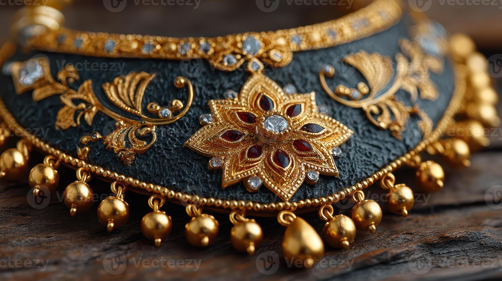 Intricate golden necklace featuring ornate design and gemstones resting on wooden surface photo