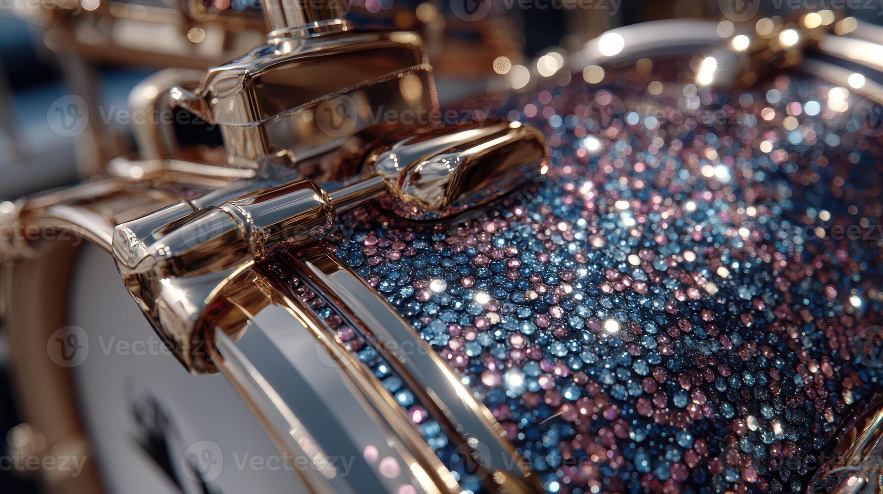 Close-up view of a sparkling drum showcasing vibrant gemstones, set during a music festival in a sunny outdoor location photo