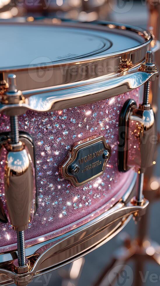 Sparkling pink snare drum showcasing intricate design during outdoor music event in the afternoon sunlight photo