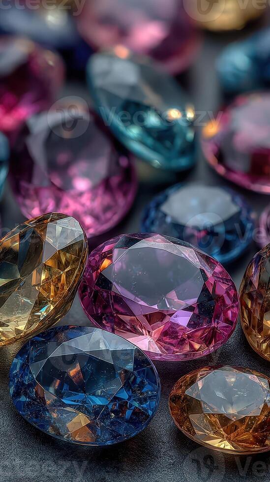 Shimmering collection of colorful gemstones arranged on a dark surface showcasing their brilliance photo