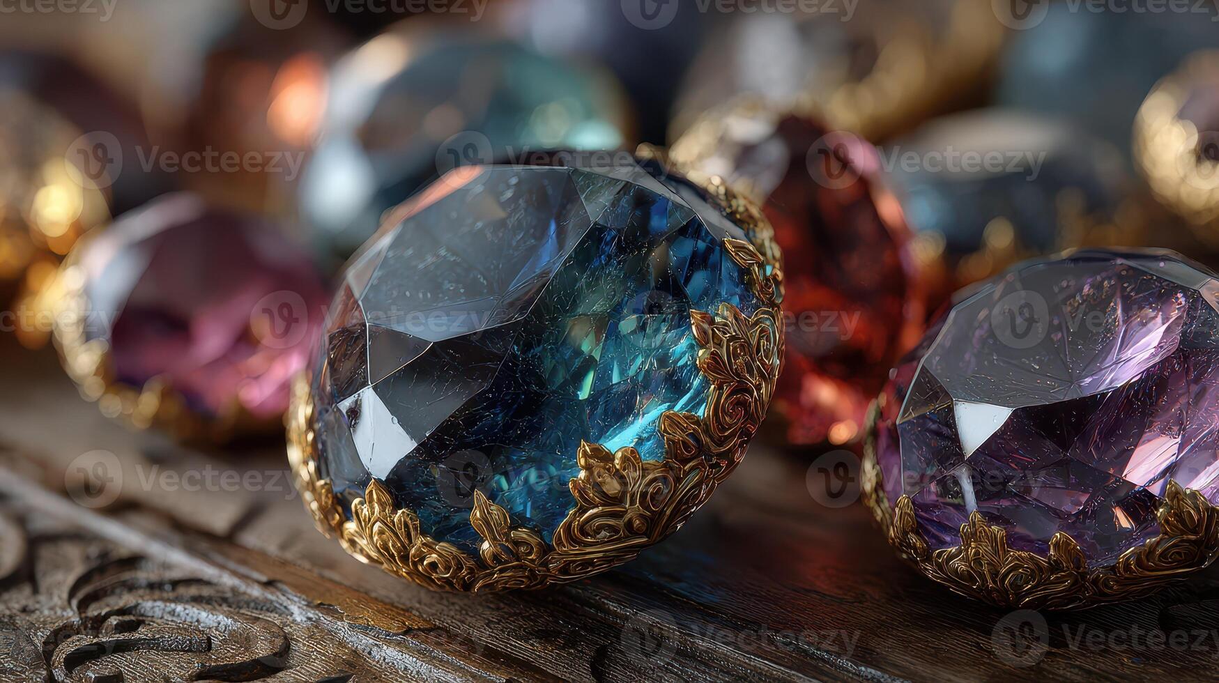 Intricate jewels with ornate settings showcased on an elegant wooden surface photo