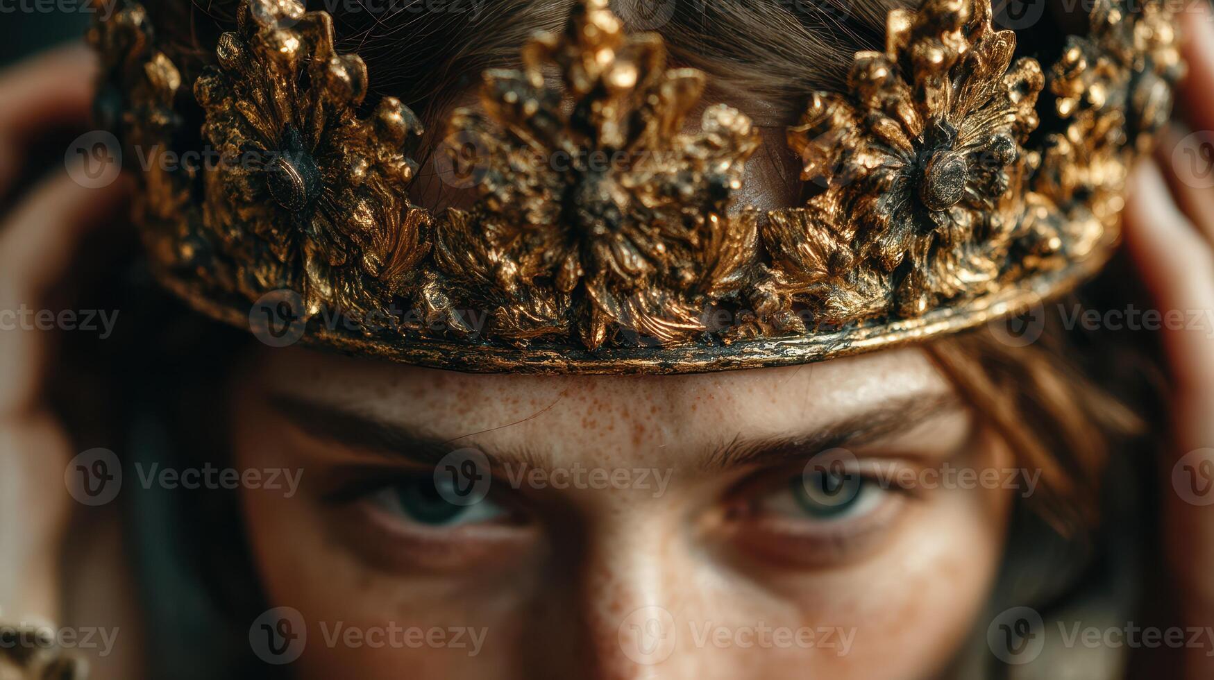 Young woman adjusts ornate golden crown, showcasing intricate design and captivating expression in a regal portrayal photo