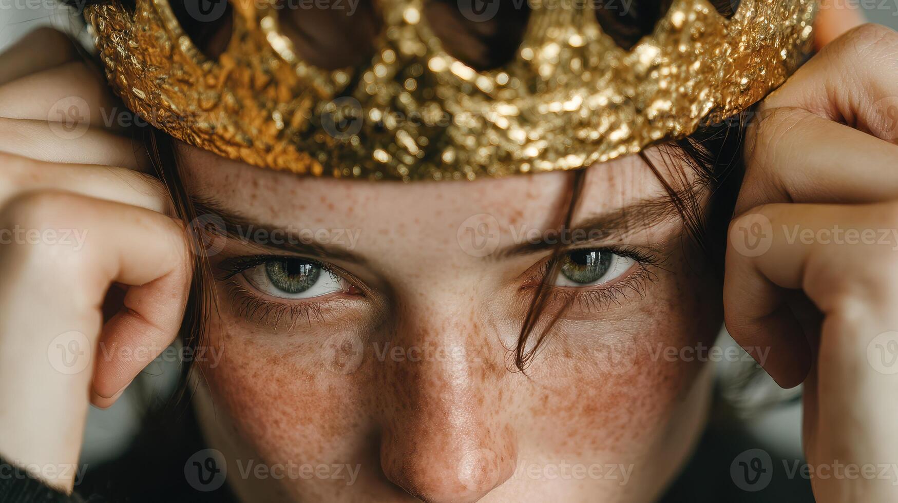 Young person adjusting gold crown with focused expression in indoor setting photo