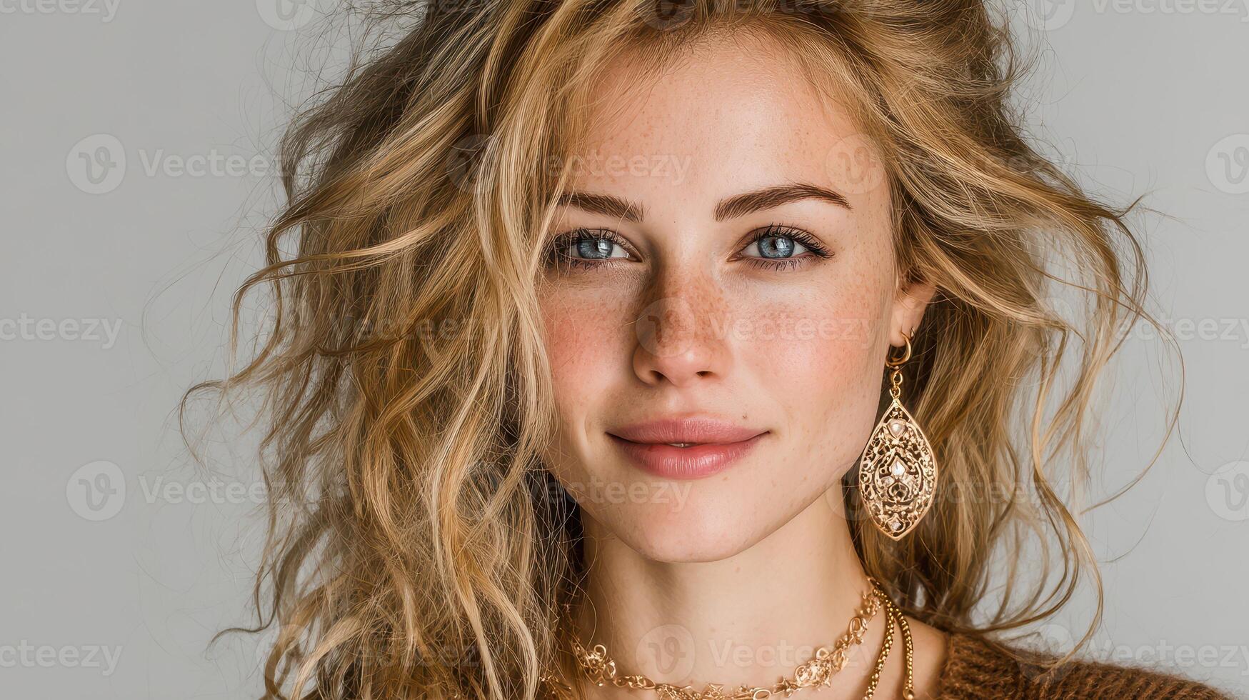 Young woman with curly hair and earrings posing for a close-up portrait in a neutral background during daylight photo