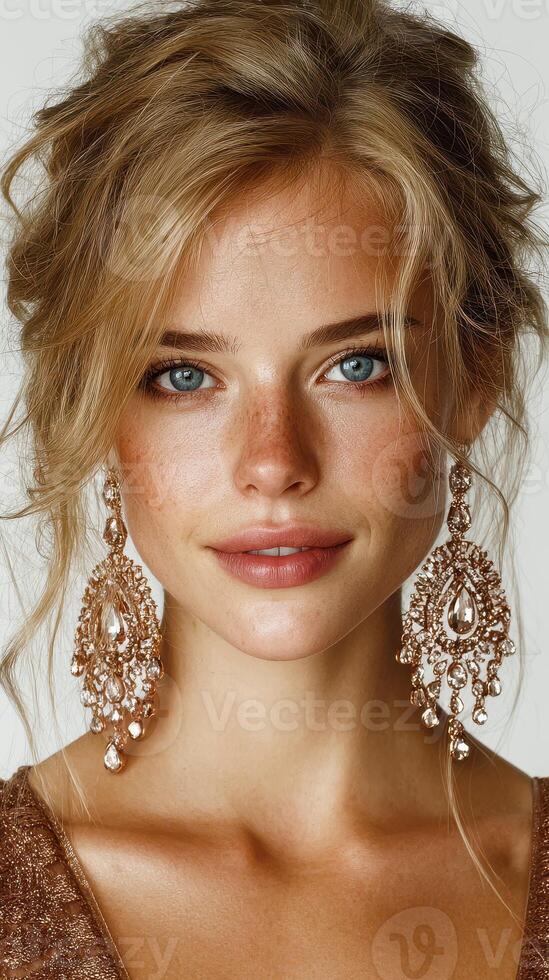 Elegant close-up of a woman showcasing intricate jewelry in a light backdrop during an indoor event photo