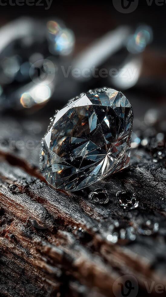 Sparkling diamond resting on a wooden surface illuminated by soft light at an indoor setting photo