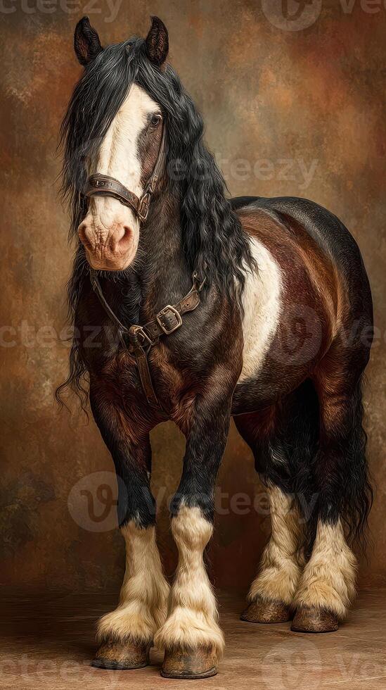 Majestic black and white horse stands proudly in a rustic studio setting with a warm backdrop photo