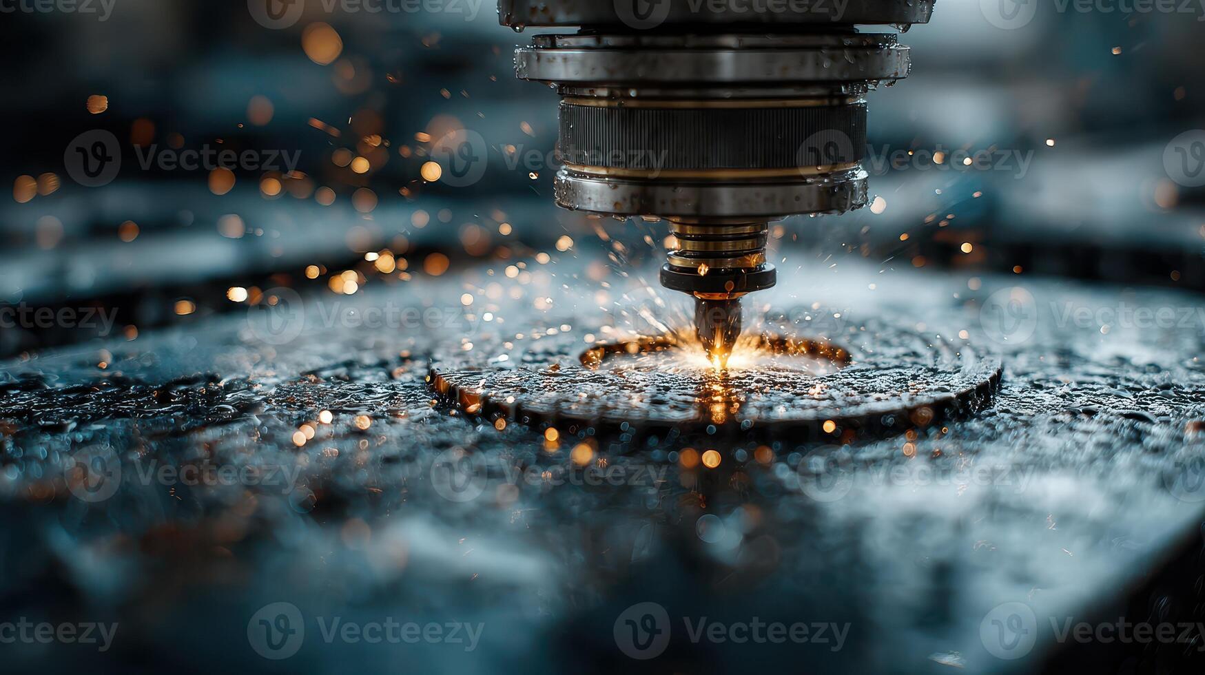 Precision metal cutting in a workshop with sparks flying during the machining process photo