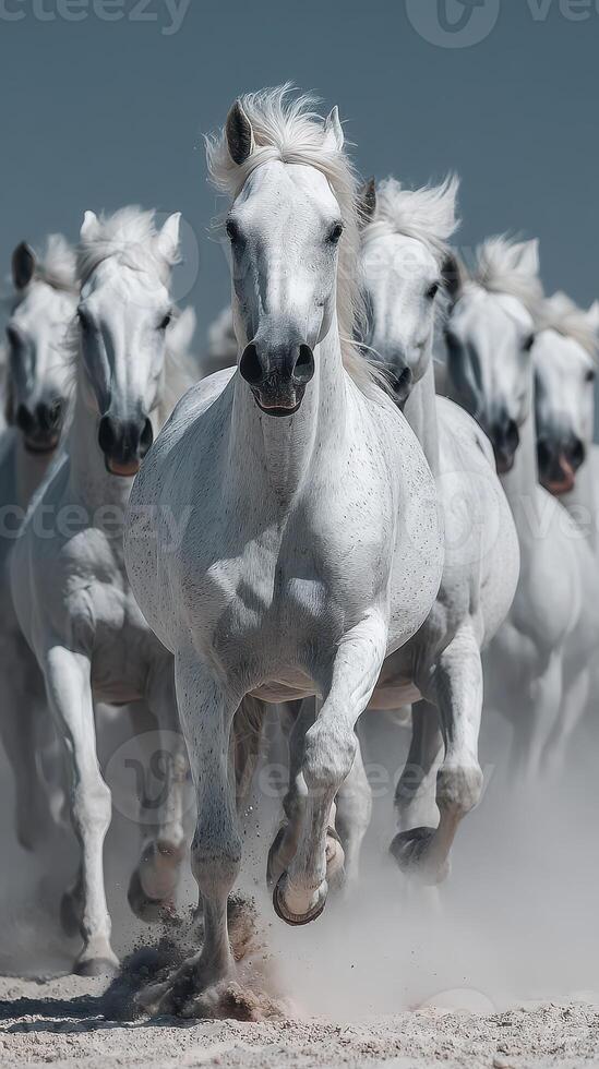 Herd of white horses running swiftly across a beach during daylight photo
