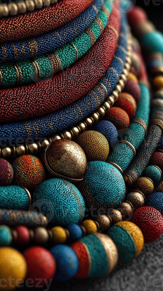 Colorful handmade jewelry displayed intricately with different textures and materials in a creative arrangement photo