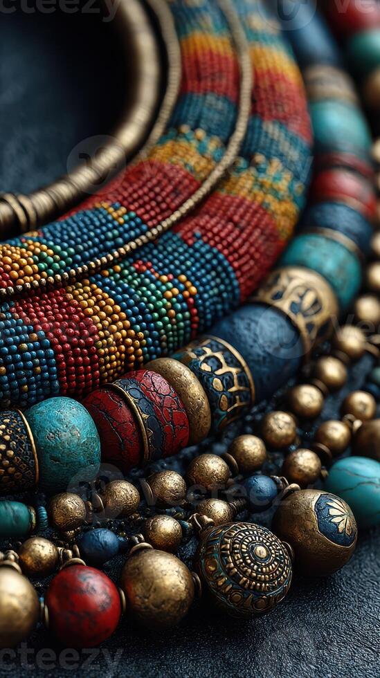 Unique handcrafted jewelry showcasing intricate bead designs at a local artisan market in the afternoon sun photo