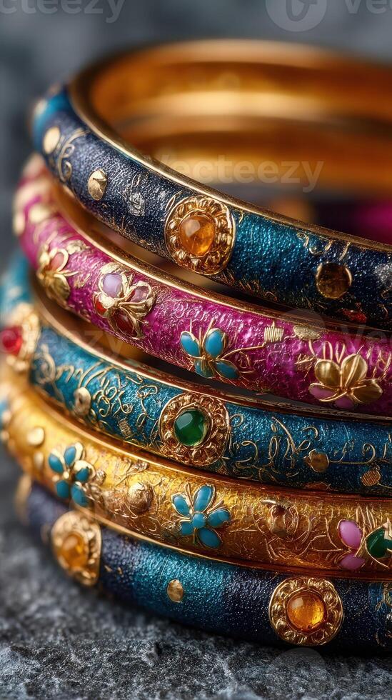 Colorful bangles displayed together with intricate designs and metallic accents on a textured surface photo