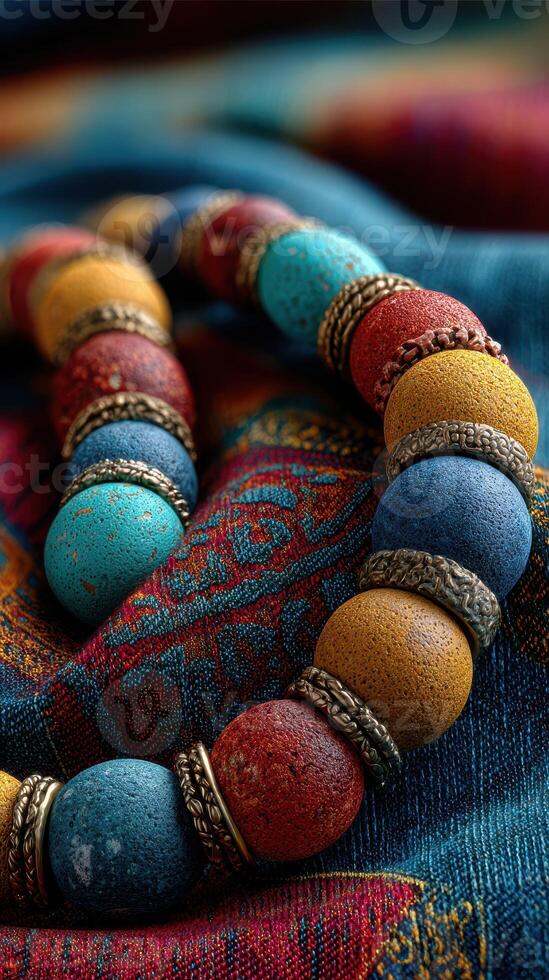 Vibrant handmade necklace with colorful beads displayed on a richly patterned fabric photo