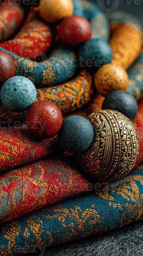 Colorful handmade beads and textured fabrics arranged artistically on a surface in a vibrant display photo
