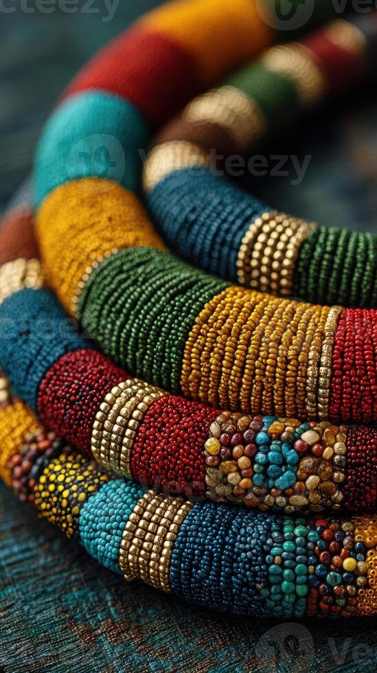 Colorful handcrafted beads in intricate patterns displayed on textured background photo