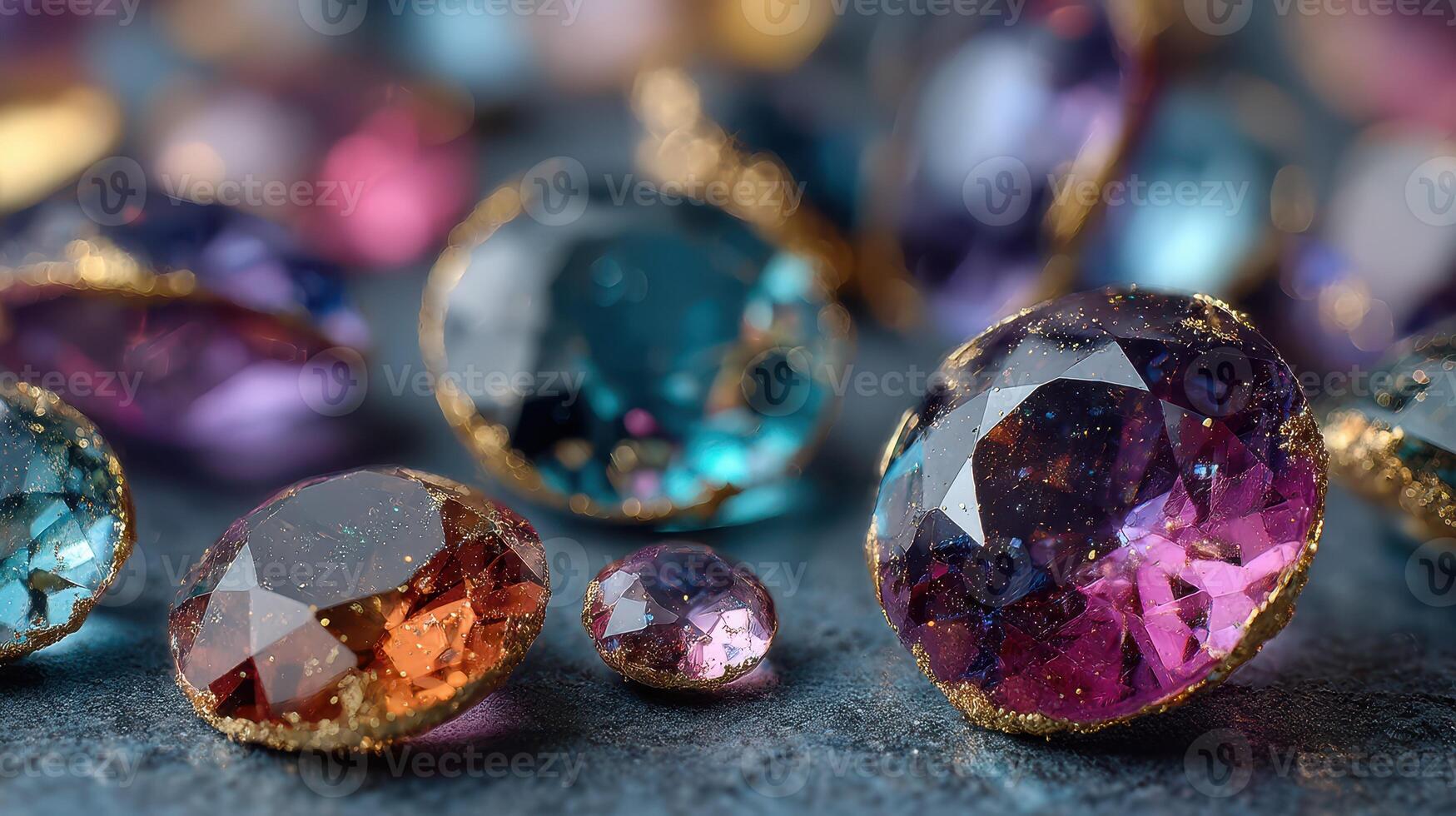 Colorful sparkling gems arranged on a dark surface showcasing various cuts and hues under soft lighting photo