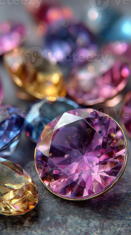 Stunning collection of colorful gemstones showcasing intricate facets and vibrant hues against a soft backdrop photo