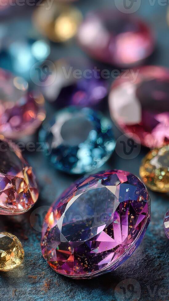 Colorful gemstones sparkle on a textured surface showcasing their brilliant facets in natural light photo