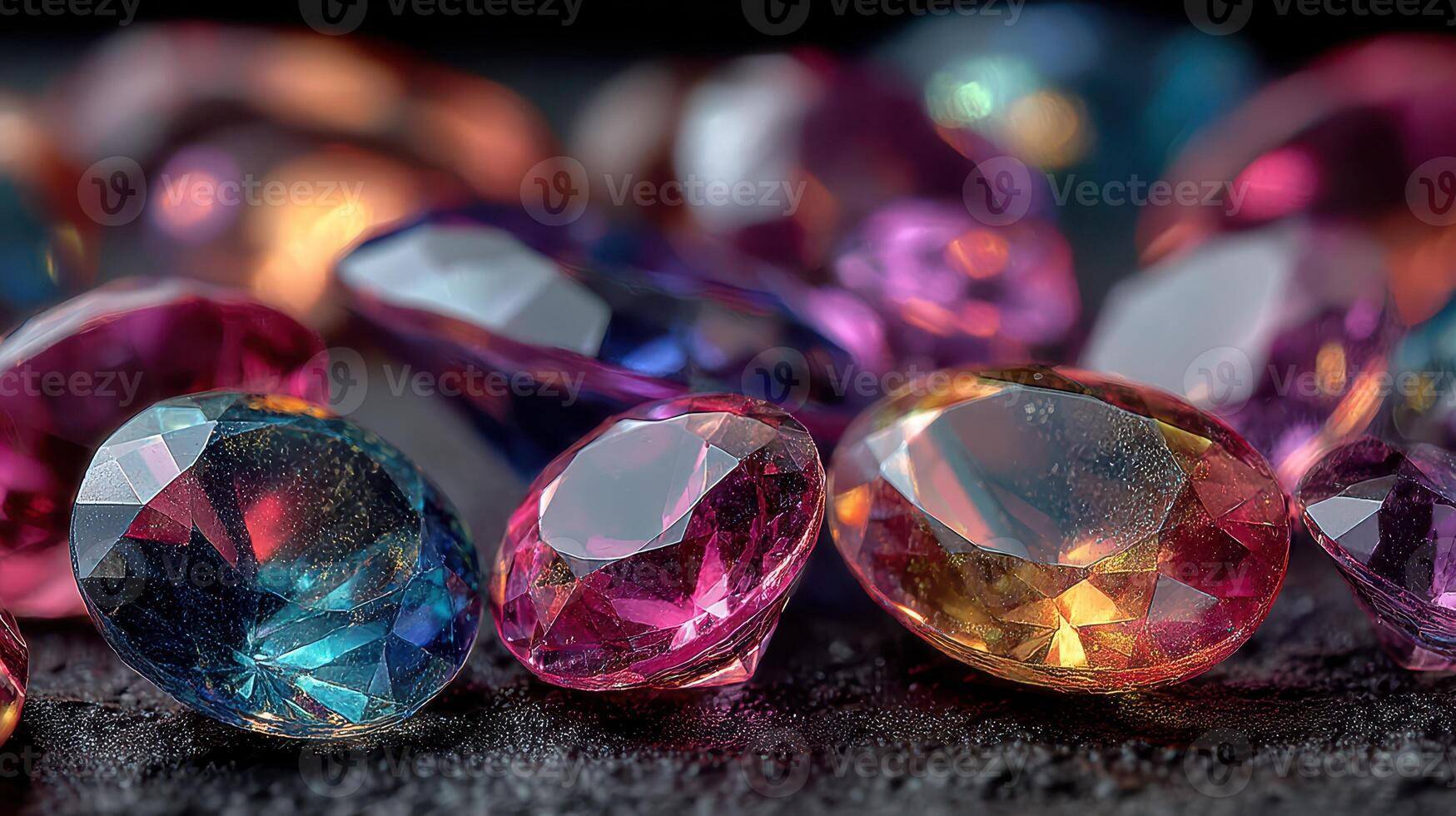 Colorful gems displayed on a dark background showcasing their brilliance and clarity in a well-lit arrangement photo