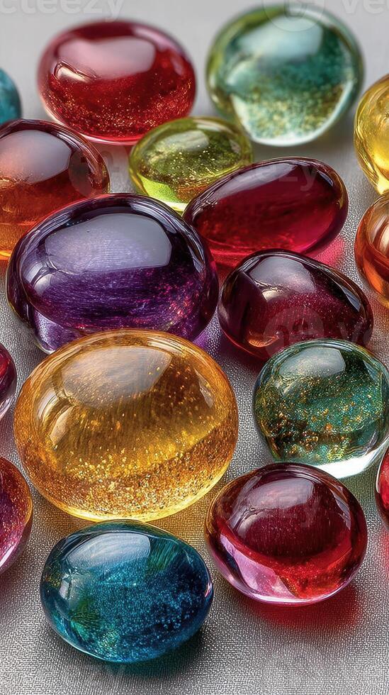 Vibrant collection of glass gems in various shapes and colors on a reflective surface at a craft market photo