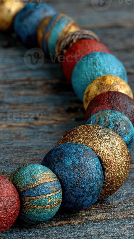 Colorful handmade wooden beads displayed on a rustic wooden surface, highlighting their unique textures and patterns photo