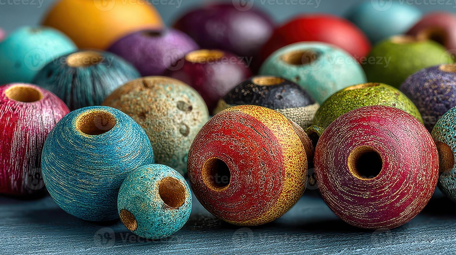 Colorful handcrafted beads displayed on a rustic surface, showcasing various shapes and textures, perfect for creative projects photo