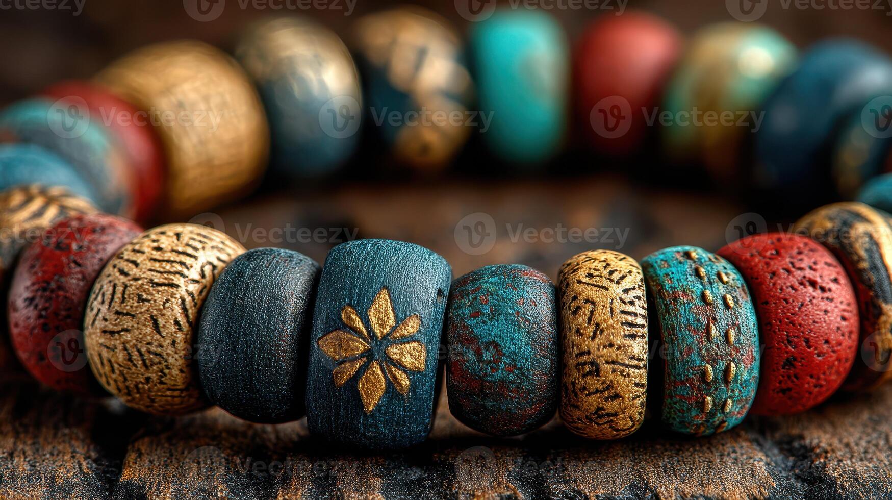 Colorful handcrafted wooden beads displayed on a rustic wooden surface with intricate designs and warm textures photo
