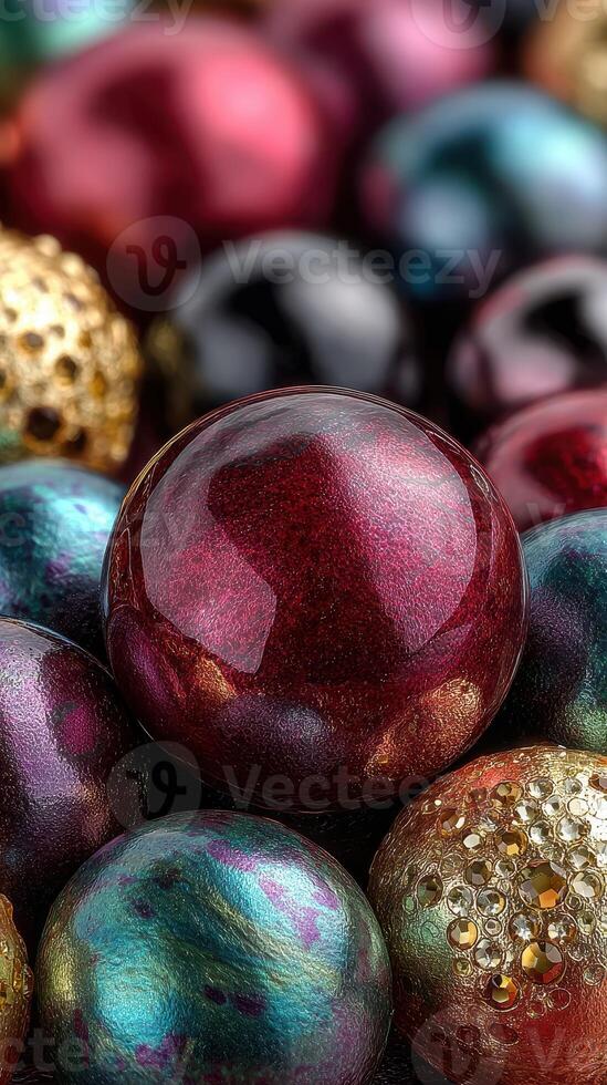 Colorful decorative balls arranged together in clusters showcasing intricate designs and vibrant hues photo