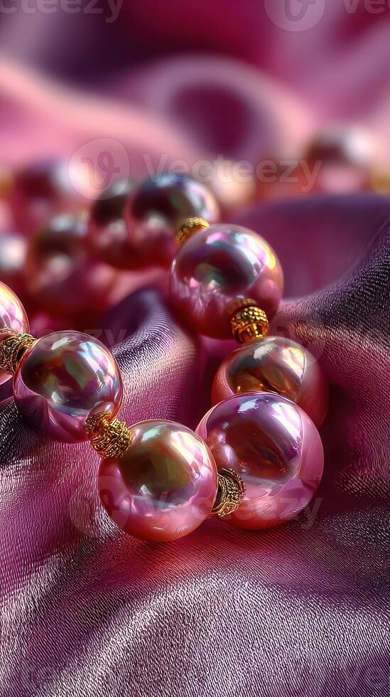 Elegant pearl necklace draped on luxurious pink fabric, showcasing timeless beauty and craftsmanship photo