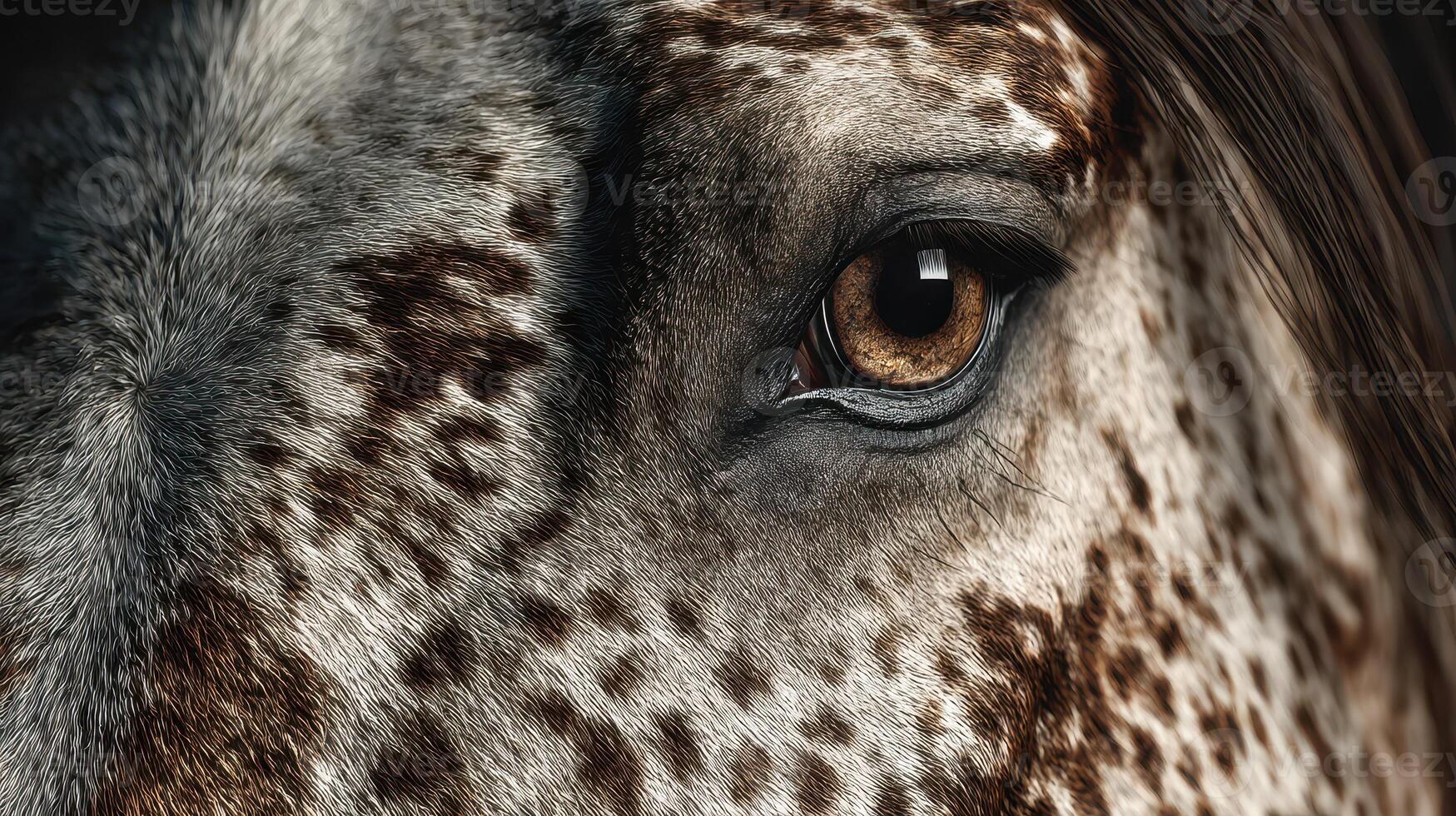 Captivating close-up of a horse's eye showcasing intricate patterns and textures during a sunny afternoon photo