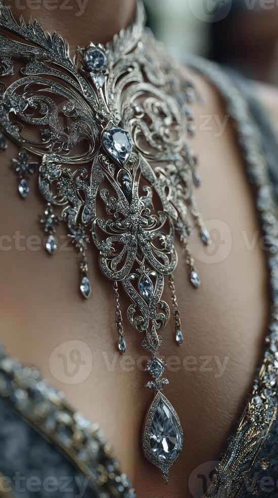 Detailed silver necklace adorned with intricate designs and gemstones showcases elegance at a formal gathering during evening photo
