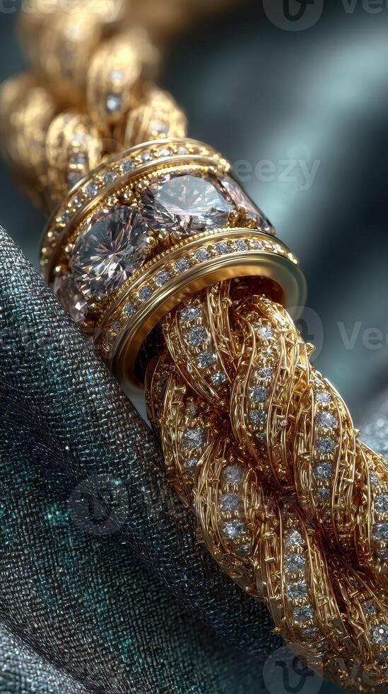 Intricate gold rope chain adorned with sparkling diamonds against a shimmering fabric backdrop photo