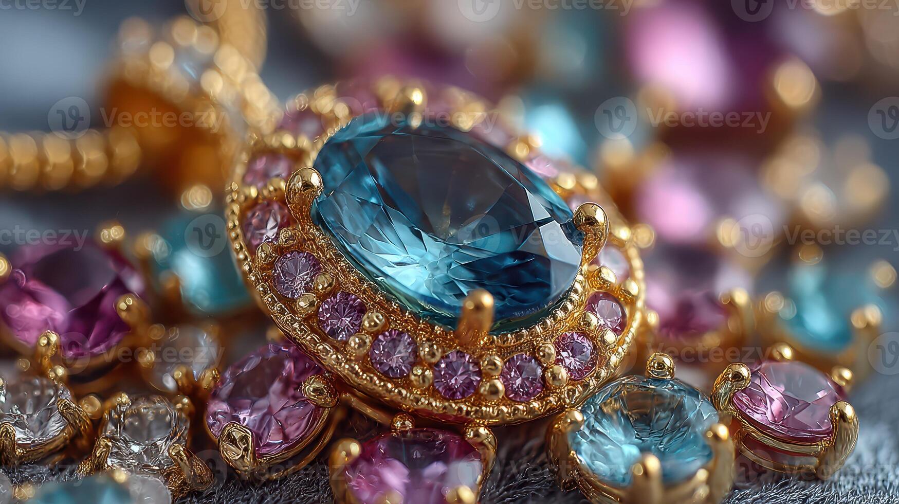 Exquisite jewelry piece adorned with colorful gemstones displayed artistically on a luxurious fabric background photo