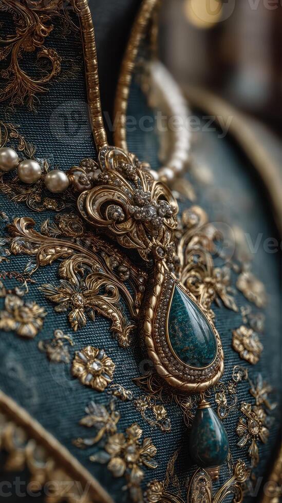 Intricately designed vintage jewelry featuring ornate patterns and precious stones on a richly embroidered garment photo