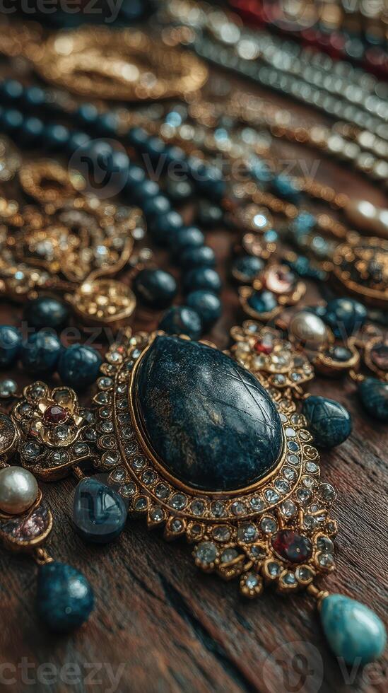 Elegant vintage jewelry display featuring intricate designs and rich gemstones on a wooden surface photo