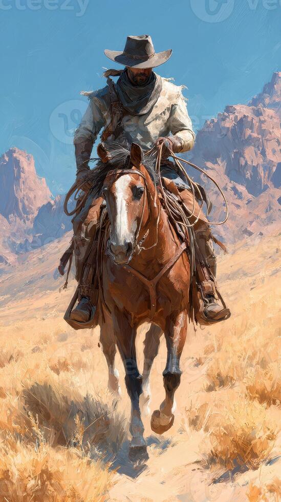 Cowboy rides a horse across a vast desert landscape during midday under the bright blue sky photo