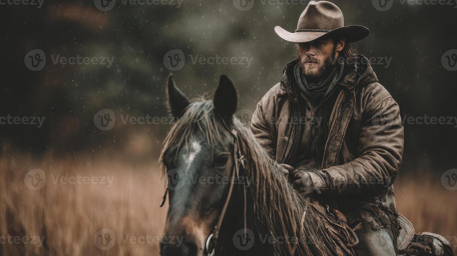 Cowboy riding a horse in a moody forest setting during a rainy afternoon exploring nature's beauty photo