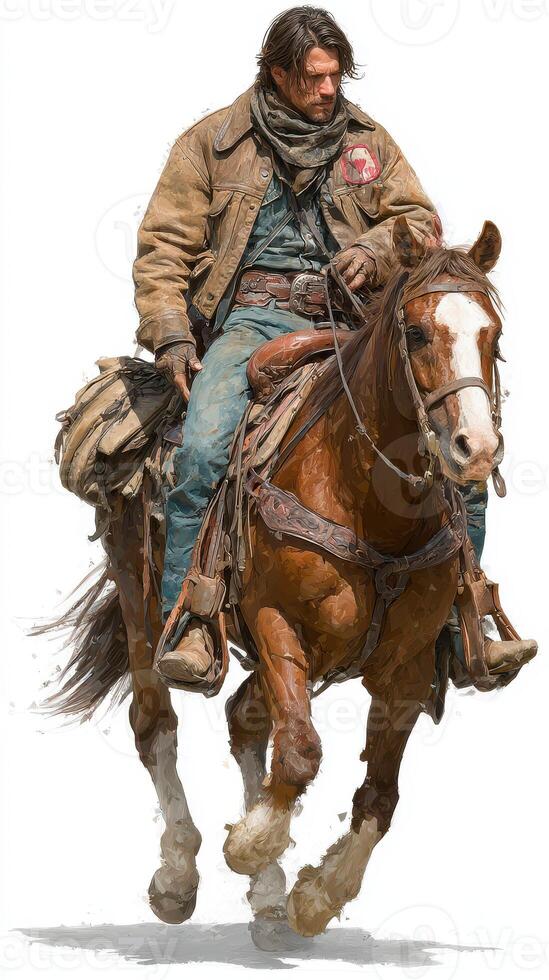 Horseman in rugged attire rides through open terrain on a powerful brown horse during a sunny day photo