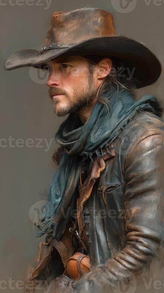 Cowboy in rugged attire gazes thoughtfully against a neutral background photo