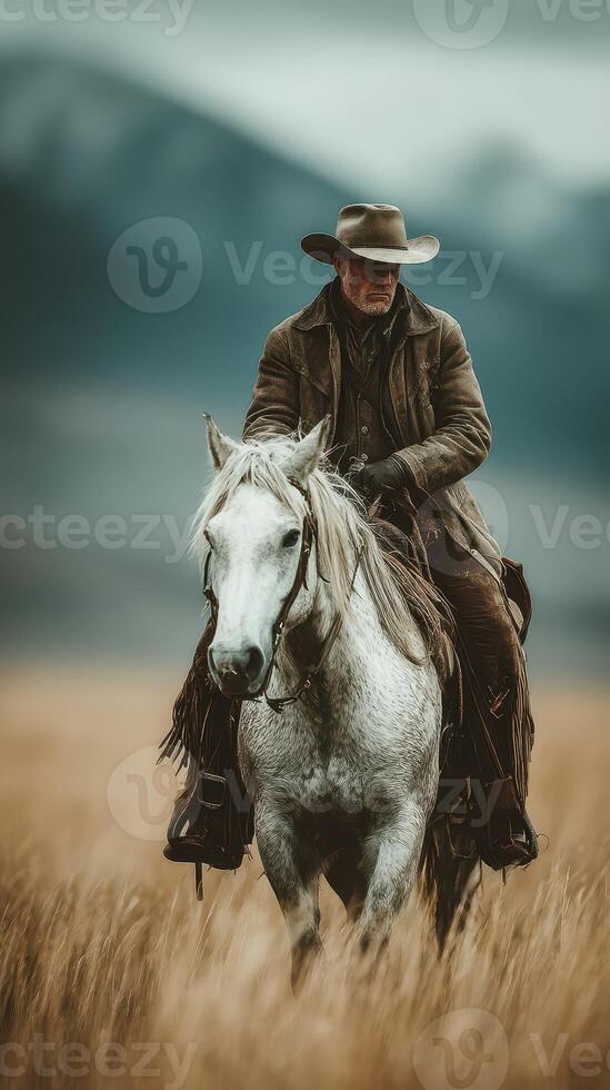 Cowboy riding a grey horse through golden grassland under cloudy skies in a mountainous region photo