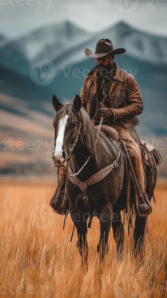 Rider on horseback in a vast golden field with mountains in the background during a cloudy day photo