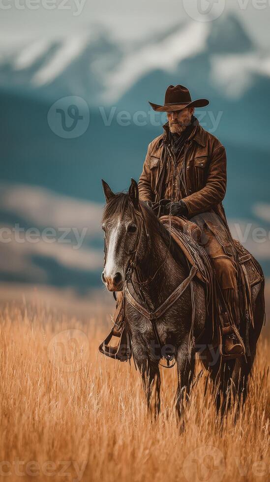 Cowboy riding horse in golden grasslands with mountains in the background during sunset photo