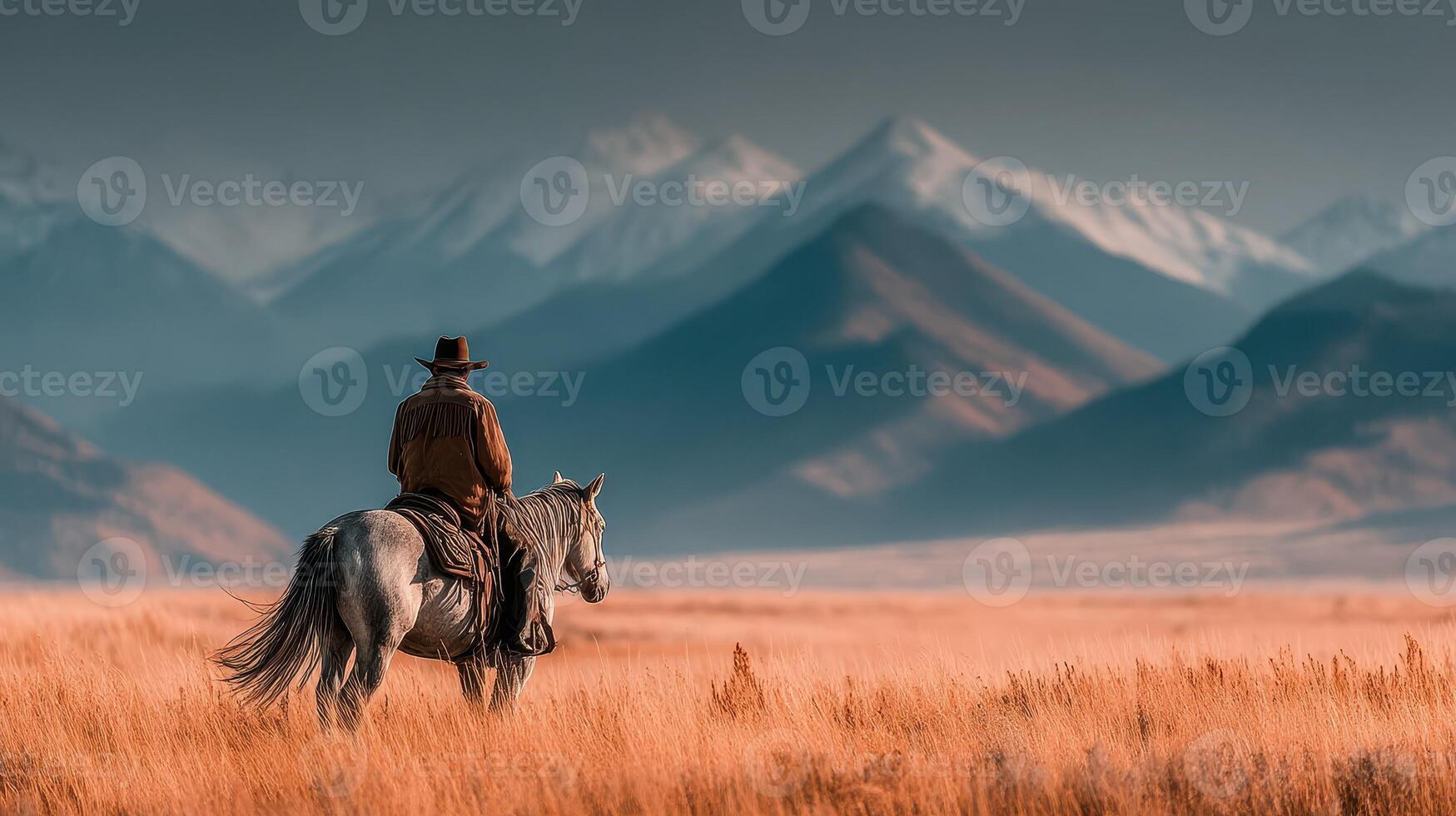 Cowboy riding a gray horse in a vast landscape with mountains at sunset in the background photo