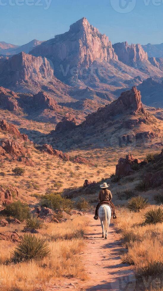 Rider on horseback exploring rugged mountains at sunset in a serene desert landscape photo
