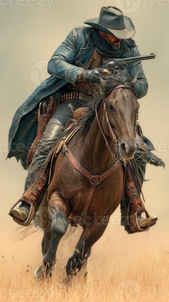 Rider in a long coat holding a pistol, galloping across a grassy plain during sunset in a western landscape photo