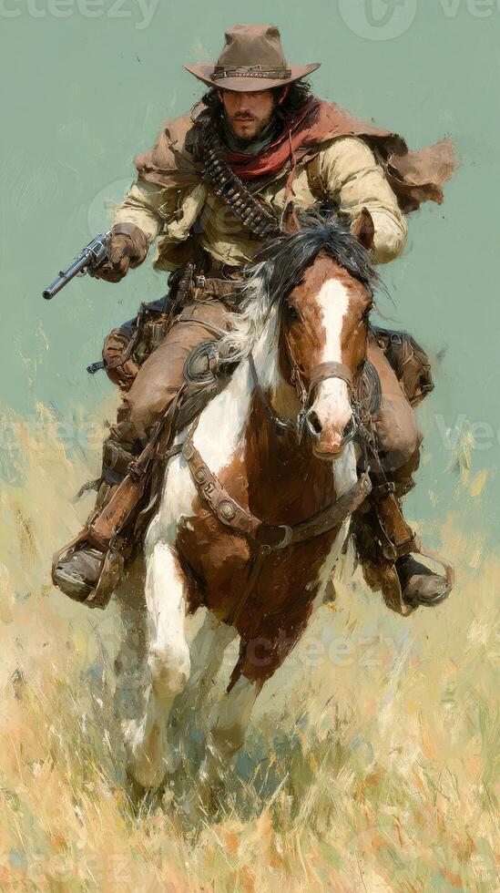 Cowboy riding a horse across a grassy field during sunset with a weapon drawn and adventurous spirit photo