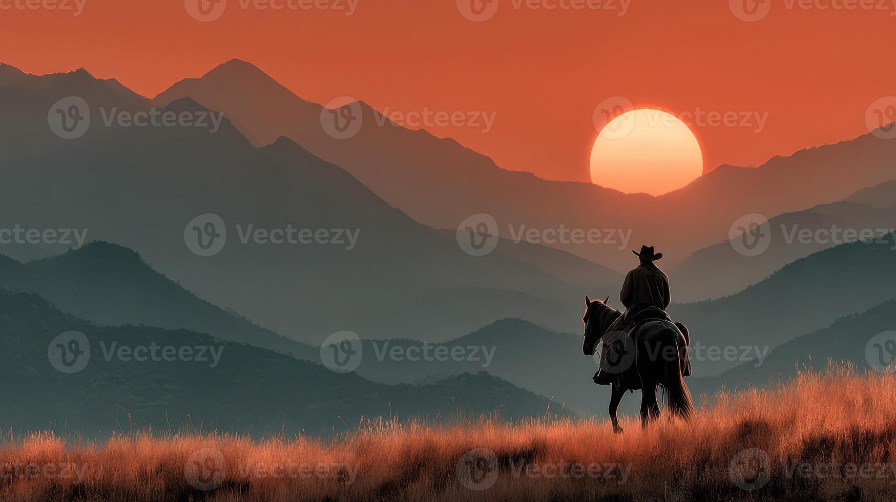 Horseback rider enjoys sunset over mountain landscape in a serene, natural setting photo