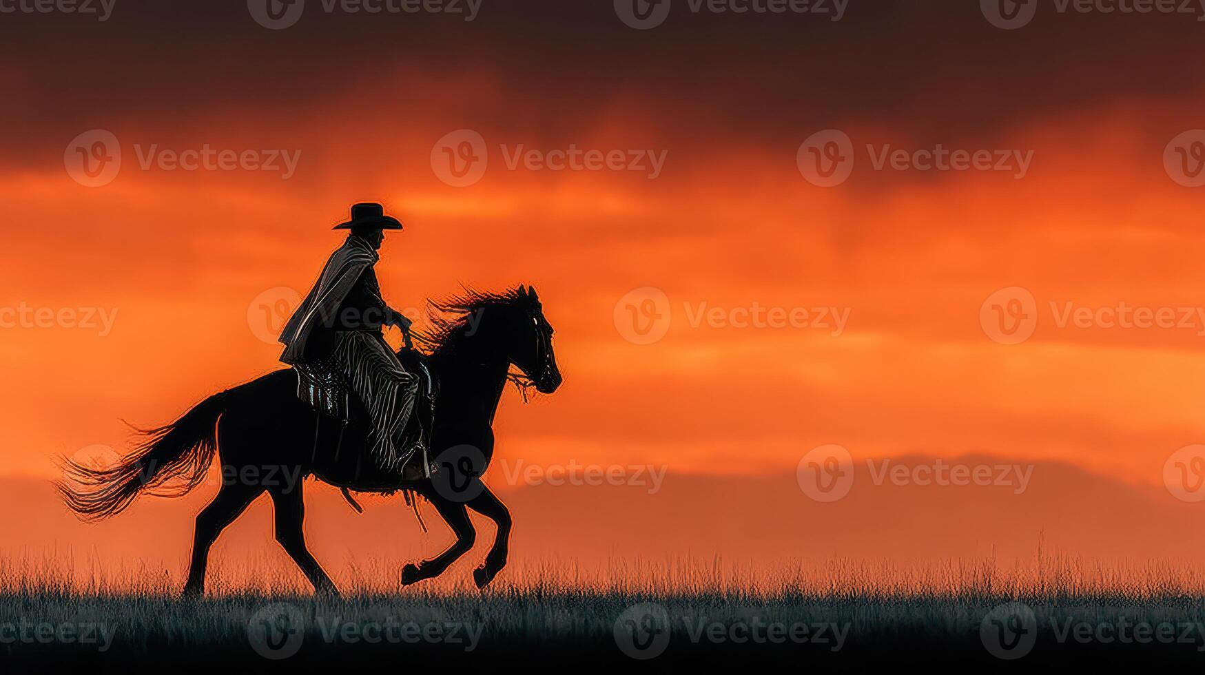 Cowboy riding a horse against a vibrant sunset sky in the open fields of the American West photo